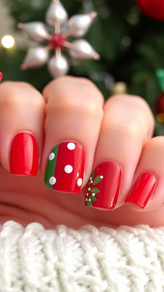 Close-up of short square Christmas nails in red and green with white designs.